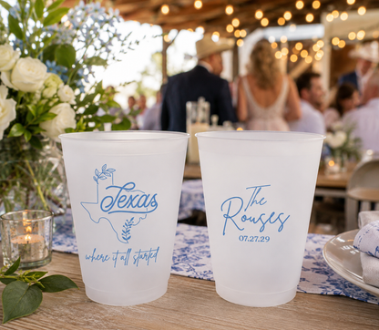 Custom Texas wedding frosted cups with personalized names, Texas state artwork, wedding date, and hometown inspired design