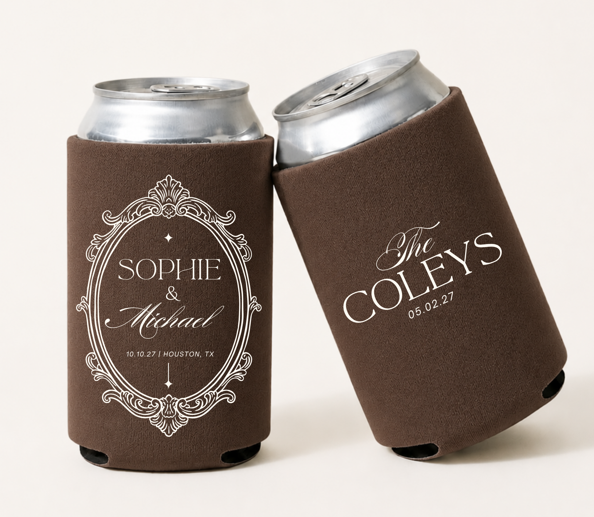 Personalized vintage frame wedding can coolers featuring an elegant ornamental border with custom names, family name, and wedding date.