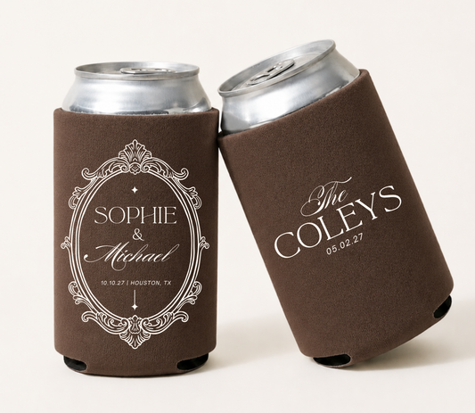 Personalized vintage frame wedding can coolers featuring an elegant ornamental border with custom names, family name, and wedding date.