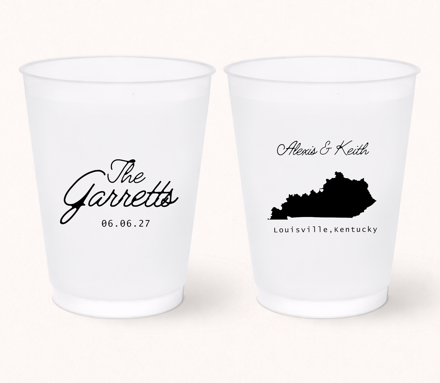 Kentucky wedding frosted cups with custom names
Personalized Louisville Kentucky wedding cups
Custom state silhouette wedding drinkware
Minimalist Kentucky wedding favor cups
