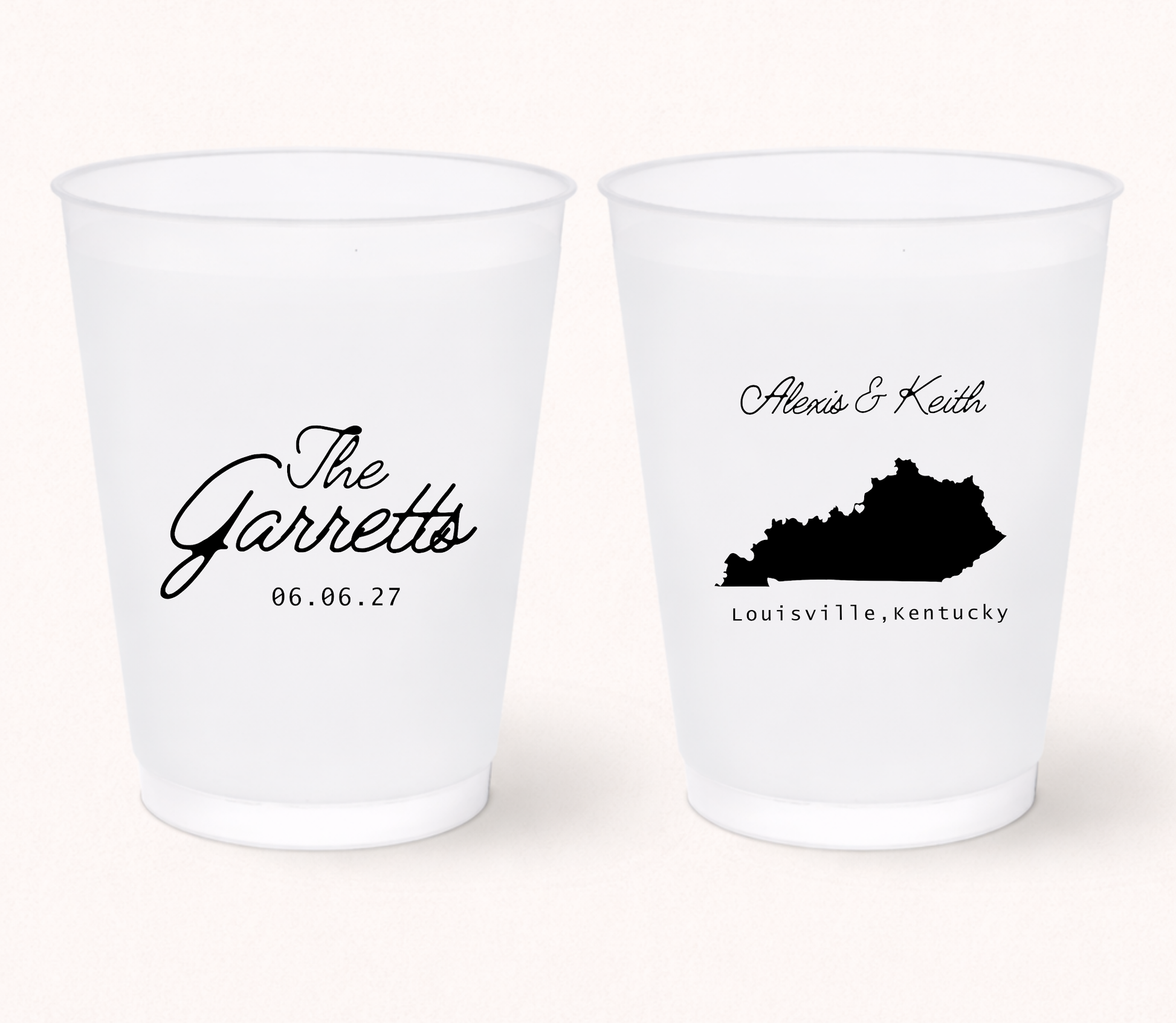 Kentucky wedding frosted cups with custom names
Personalized Louisville Kentucky wedding cups
Custom state silhouette wedding drinkware
Minimalist Kentucky wedding favor cups