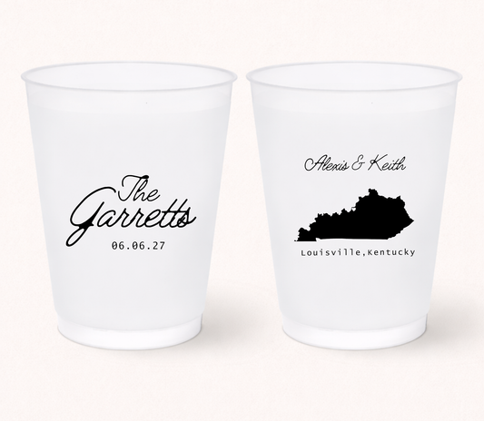 Kentucky wedding frosted cups with custom names
Personalized Louisville Kentucky wedding cups
Custom state silhouette wedding drinkware
Minimalist Kentucky wedding favor cups
