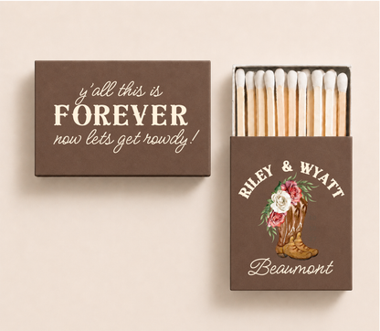 Personalized Western wedding matchboxes featuring floral cowboy boots, custom names, and rustic country wedding design.