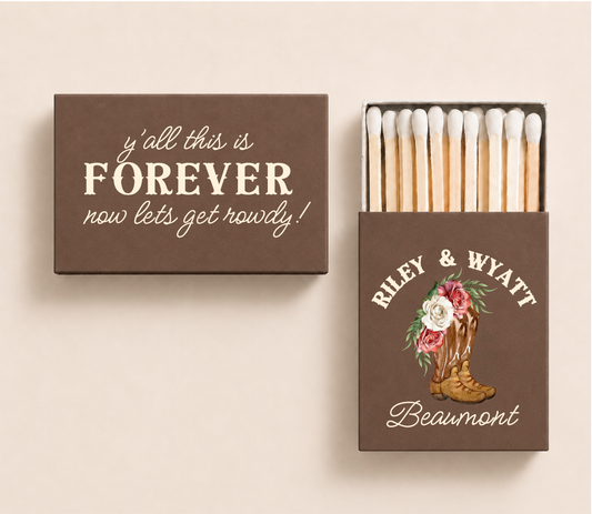 Personalized Western wedding matchboxes featuring floral cowboy boots, custom names, and rustic country wedding design.