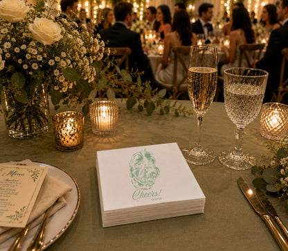 Dog lover wedding table napkin featuring a custom illustrated pet portrait and elegant typography.
Premium wedding table napkin with personalized dog artwork and minimalist reception design.