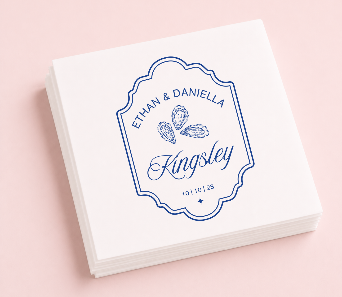 Personalized oyster wedding cocktail napkins featuring custom names, family name, wedding date, and elegant oyster illustration.