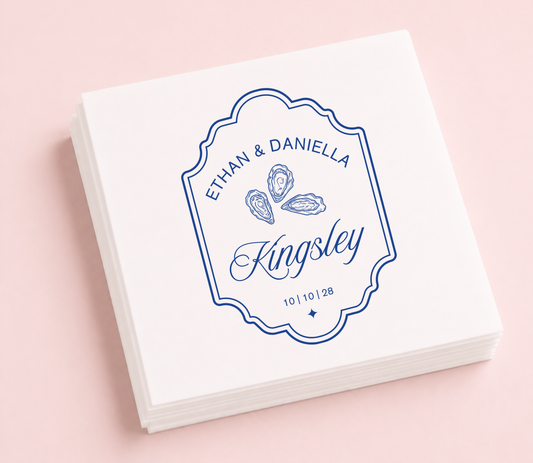 Personalized oyster wedding cocktail napkins featuring custom names, family name, wedding date, and elegant oyster illustration.
