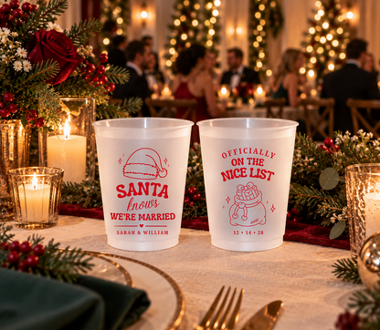 Holiday wedding drink cups featuring Santa design, gift artwork, and wedding details.