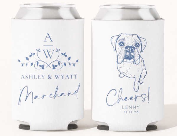 Custom wedding can coolers with boxer dog illustration, monogram initials and personalized names, blue wedding theme, shown on clean ivory studio background with drop shadows