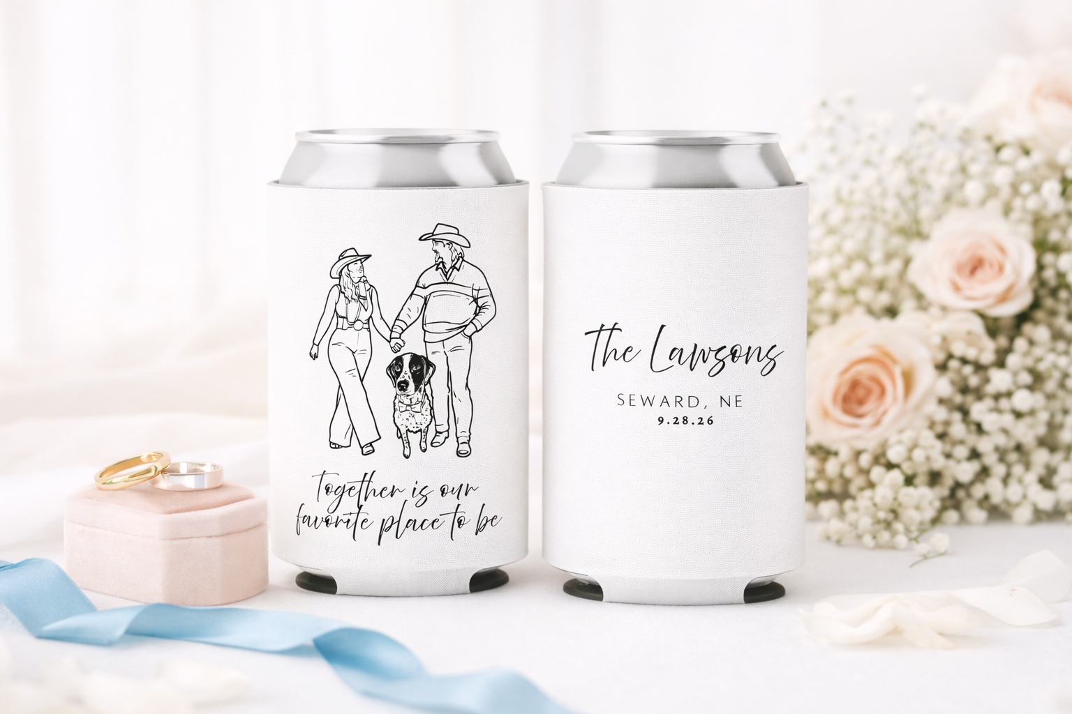 Custom couple and dog wedding can cooler with names
Personalized wedding drink sleeve with pet illustration
Couple portrait wedding favor with dog design
Custom illustration wedding can cooler with location