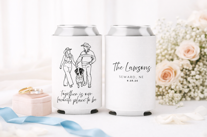 Custom couple and dog wedding can cooler with names
Personalized wedding drink sleeve with pet illustration
Couple portrait wedding favor with dog design
Custom illustration wedding can cooler with location