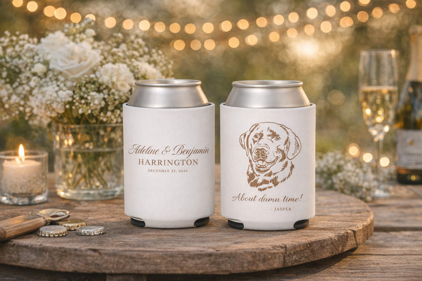 Custom dog wedding can cooler with pet portrait
Personalized wedding favor with dog illustration
Dog lover wedding can cooler custom design
Pet portrait wedding favor with names and date