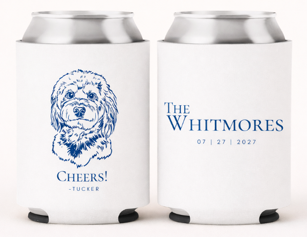Custom wedding can coolers with dog illustration, last name and date, blue wedding theme, shown on minimal ivory studio product background