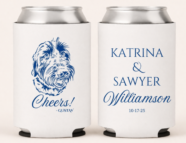 Two white can coolers with blue dog illustration and text on a white background