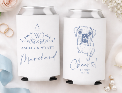 Custom wedding can coolers flat lay with boxer dog illustration, personalized names and date, blue wedding theme, styled with ring box, florals, and ribbon
