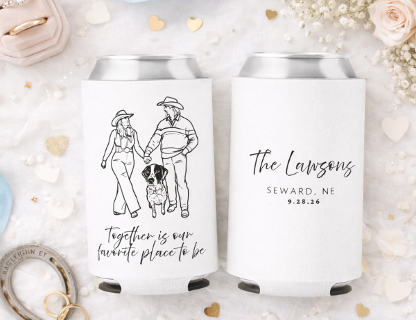 Custom wedding can coolers flat lay with western couple and dog portrait, personalized names and date, styled with ribbon, flowers, rings, and romantic wedding decor