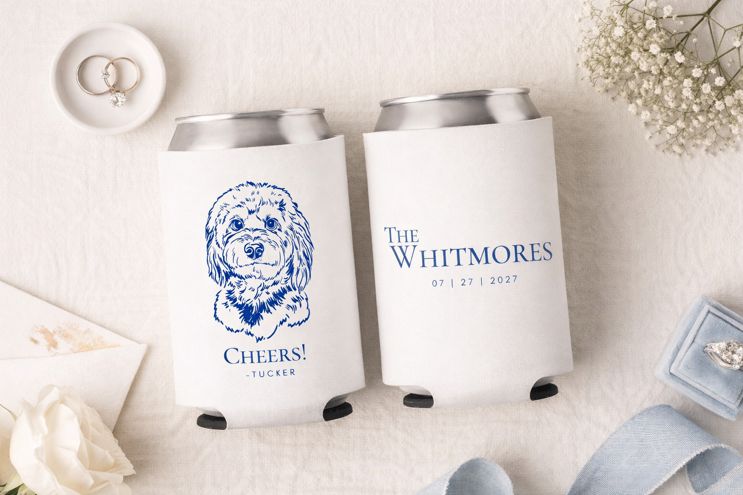 Personalized dog sketch wedding can cooler
Custom pet illustration drink sleeve with names
Dog themed wedding favor with date design
Pet inspired wedding can cooler custom print