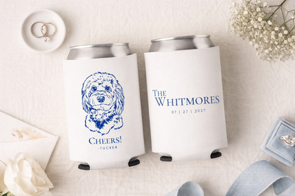 Personalized dog sketch wedding can cooler
Custom pet illustration drink sleeve with names
Dog themed wedding favor with date design
Pet inspired wedding can cooler custom print