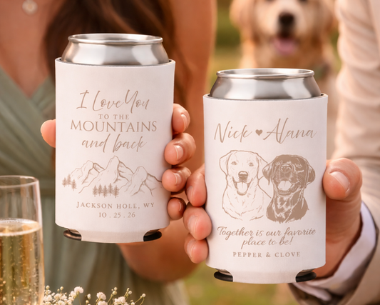 Personalized dog illustration wedding can cooler
Custom pet portrait drink sleeve for wedding
Dog themed wedding favor with names and date
Custom pet design wedding drink holder