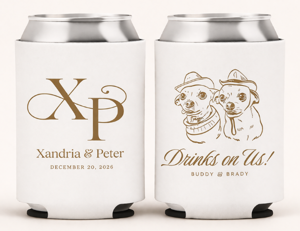 Personalized wedding can coolers with custom monogram, bride and groom names and date, and dog illustration with “Drinks on Us” quote on ivory studio background