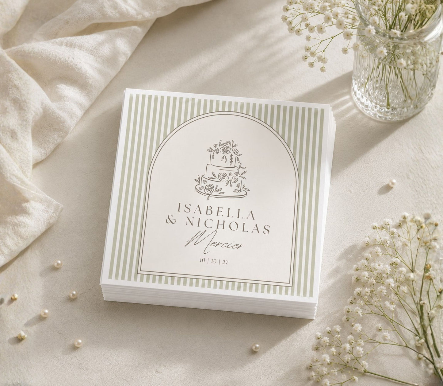 
Custom wedding cake table napkin with elegant floral artwork and personalized couple details.