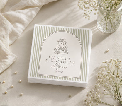 
Custom wedding cake table napkin with elegant floral artwork and personalized couple details.