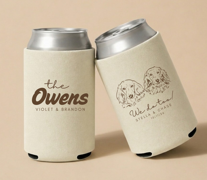 Brown personalized wedding can coolers featuring rustic typography, custom dog portraits, couple names, and wedding date.
