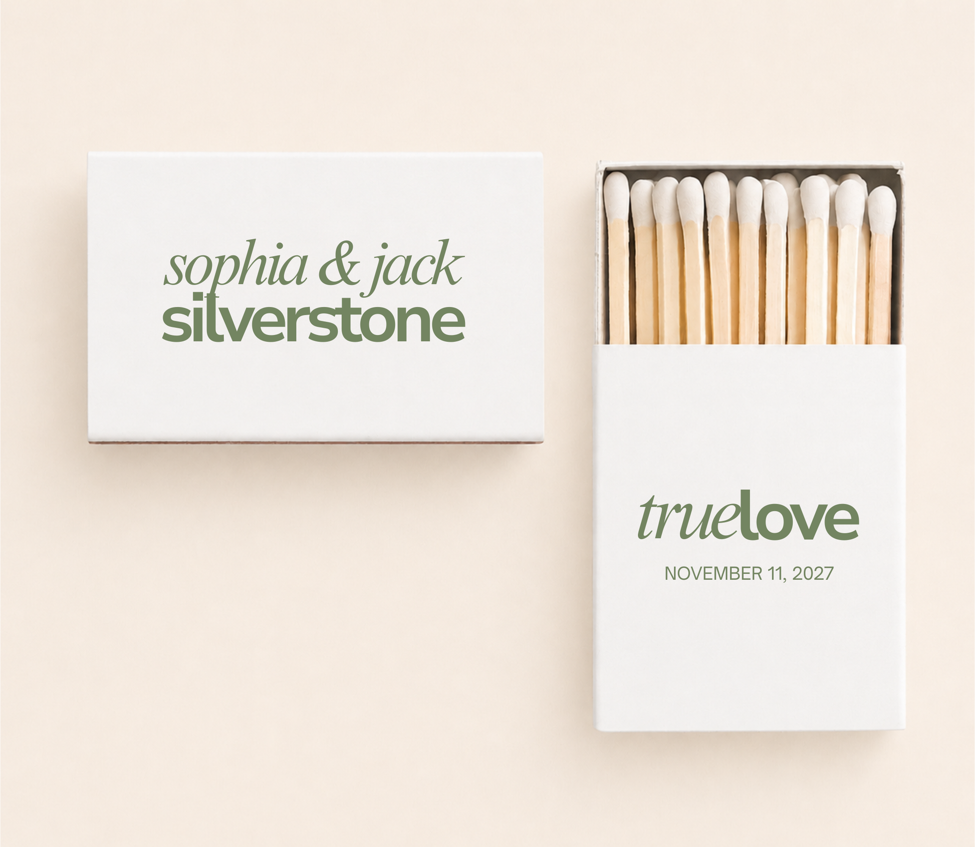 Personalized True Love wedding matchboxes with custom names, wedding date, and green typography on white matchboxes