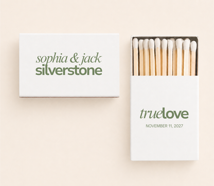 Personalized True Love wedding matchboxes with custom names, wedding date, and green typography on white matchboxes