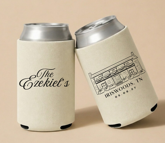 Cream personalized wedding can coolers featuring an Iriswoods venue illustration with custom family name and wedding date for a Tennessee wedding.