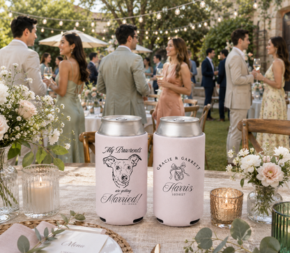 Pink personalized wedding can coolers featuring a custom dog portrait, My Pawrents Are Getting Married design, couple names, and wedding date.
