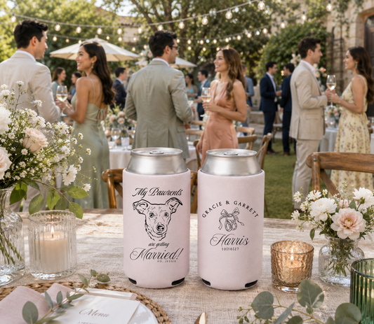 Pink personalized wedding can coolers featuring a custom dog portrait, My Pawrents Are Getting Married design, couple names, and wedding date.
