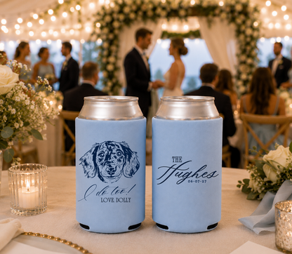 Blue personalized wedding can coolers featuring a custom dog portrait, elegant script family name, and wedding date.