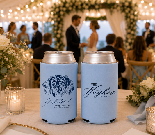 Blue personalized wedding can coolers featuring a custom dog portrait, elegant script family name, and wedding date.