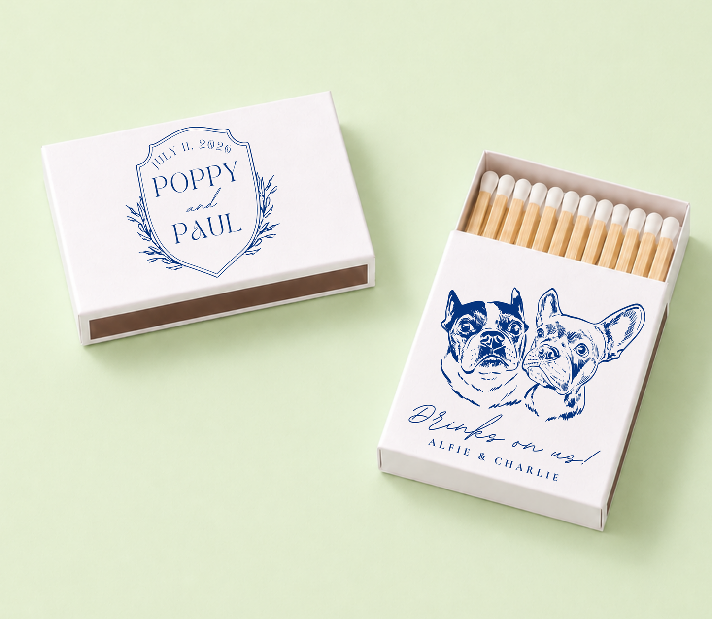 Personalized Wedding Matchbox Crest Dog Portrait Favor