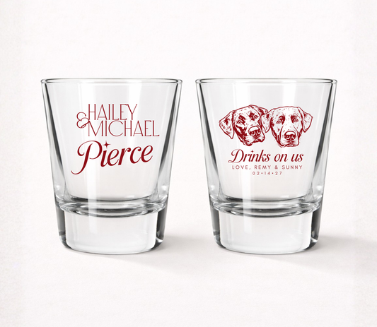 Personalized dog portrait wedding shot glasses with custom pet illustrations couple names and wedding date
