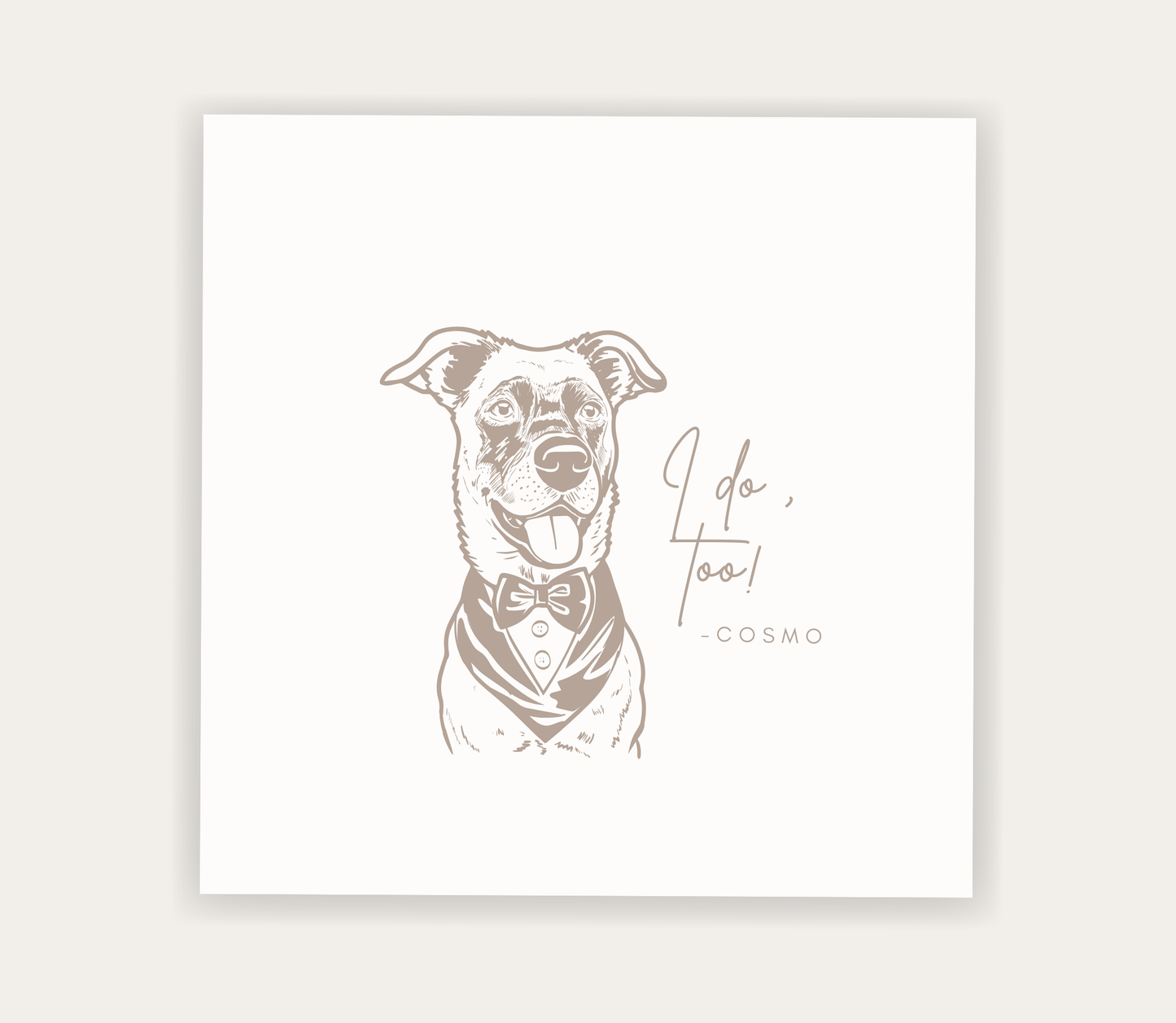 Custom pet portrait wedding napkin featuring a dog in formal attire with I Do Too personalized wedding design