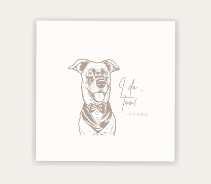 Custom pet portrait wedding napkin featuring a dog in formal attire with I Do Too personalized wedding design