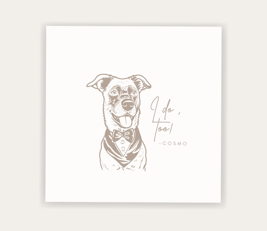 Custom pet portrait wedding napkin featuring a dog in formal attire with I Do Too personalized wedding design