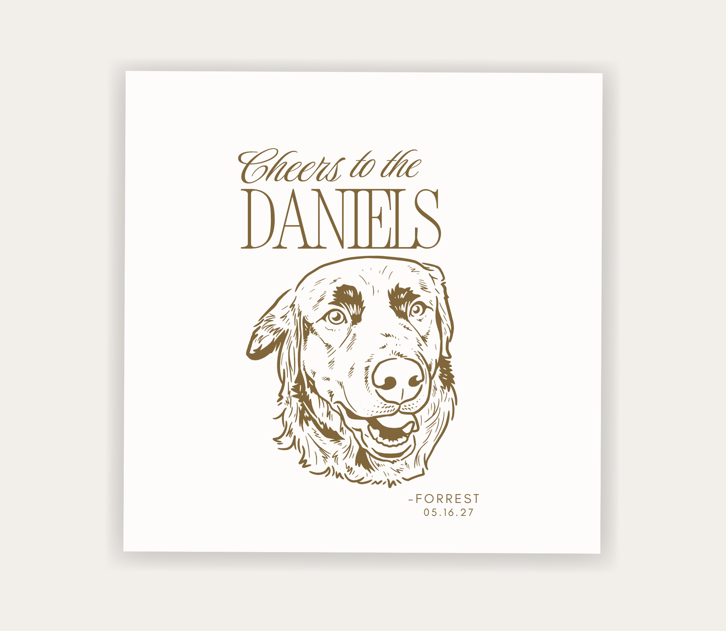 Dog lover wedding cocktail napkin featuring two illustrated pet portraits and premium paper construction.