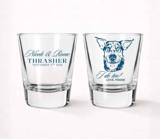 Personalized pet wedding shot glasses with custom dog portrait couple names and wedding date