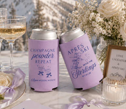 Personalized après ski wedding can cooler with skiing couple artwork.