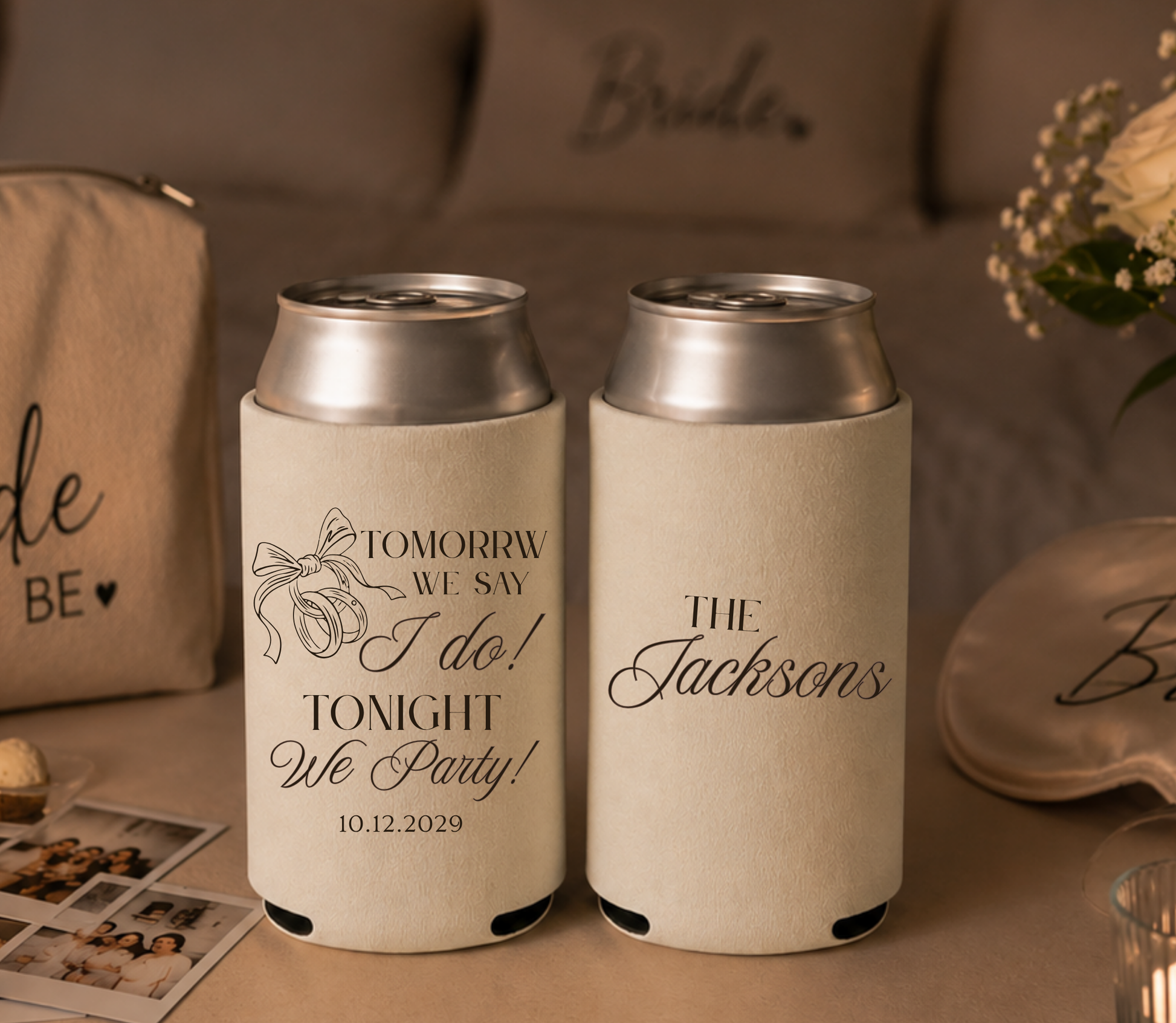 Personalized rehearsal dinner can cooler with wedding ring illustration.