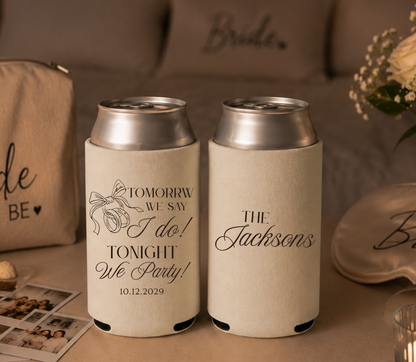 Personalized rehearsal dinner can cooler with wedding ring illustration.