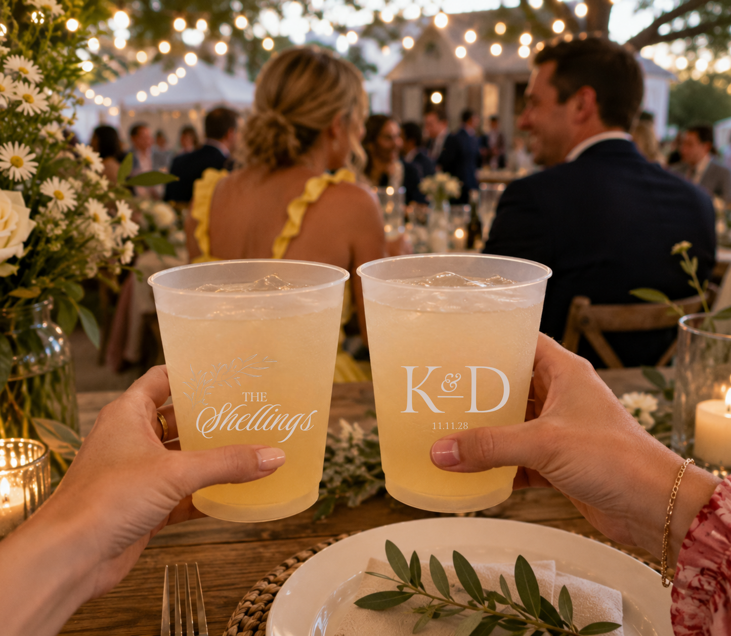 Personalized botanical frosted wedding cup featuring custom family surname and initials.