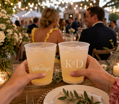 Personalized botanical frosted wedding cup featuring custom family surname and initials.