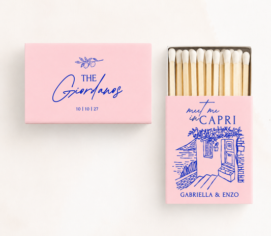 Personalized Capri wedding matchboxes featuring a romantic Italian coastal illustration with custom family name, couple's names, and wedding date.