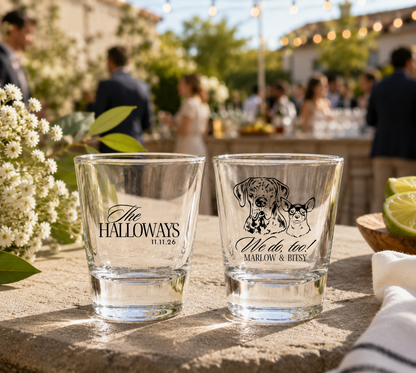 Personalized pet wedding shot glasses featuring custom dog portraits family name and wedding date