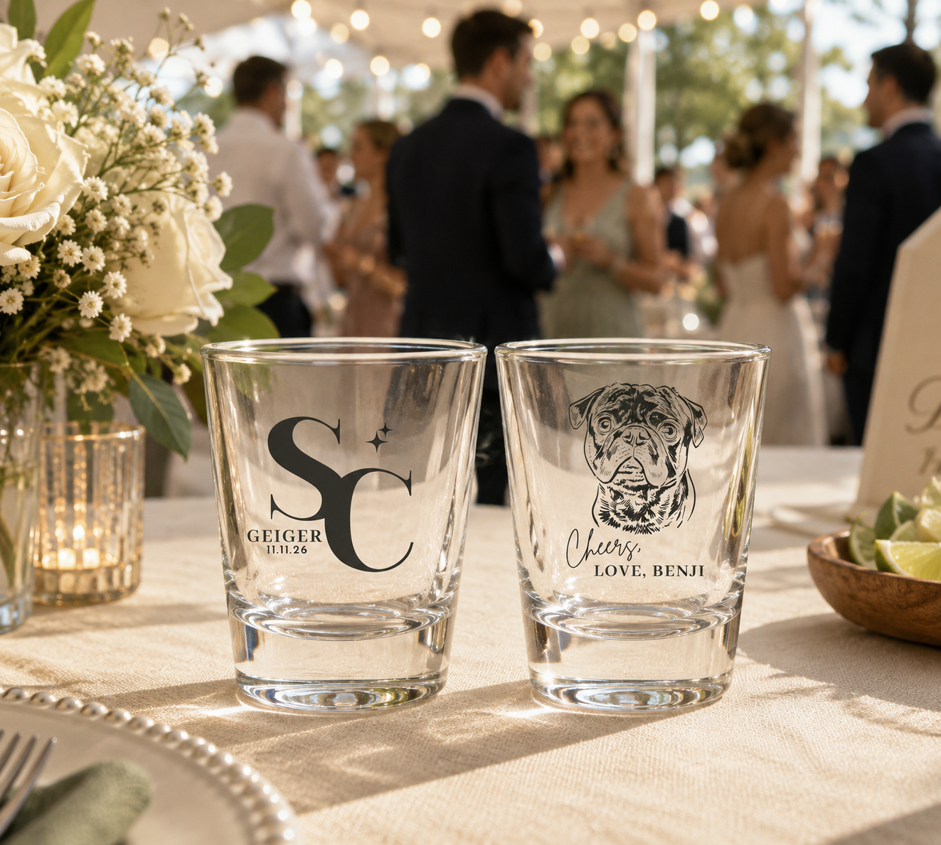 Personalized pet wedding shot glasses featuring custom dog portrait initials names and wedding date