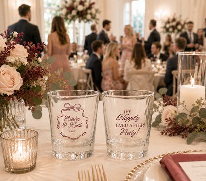 Personalized wedding shot glasses with custom couple names wedding date and happily ever after party design
